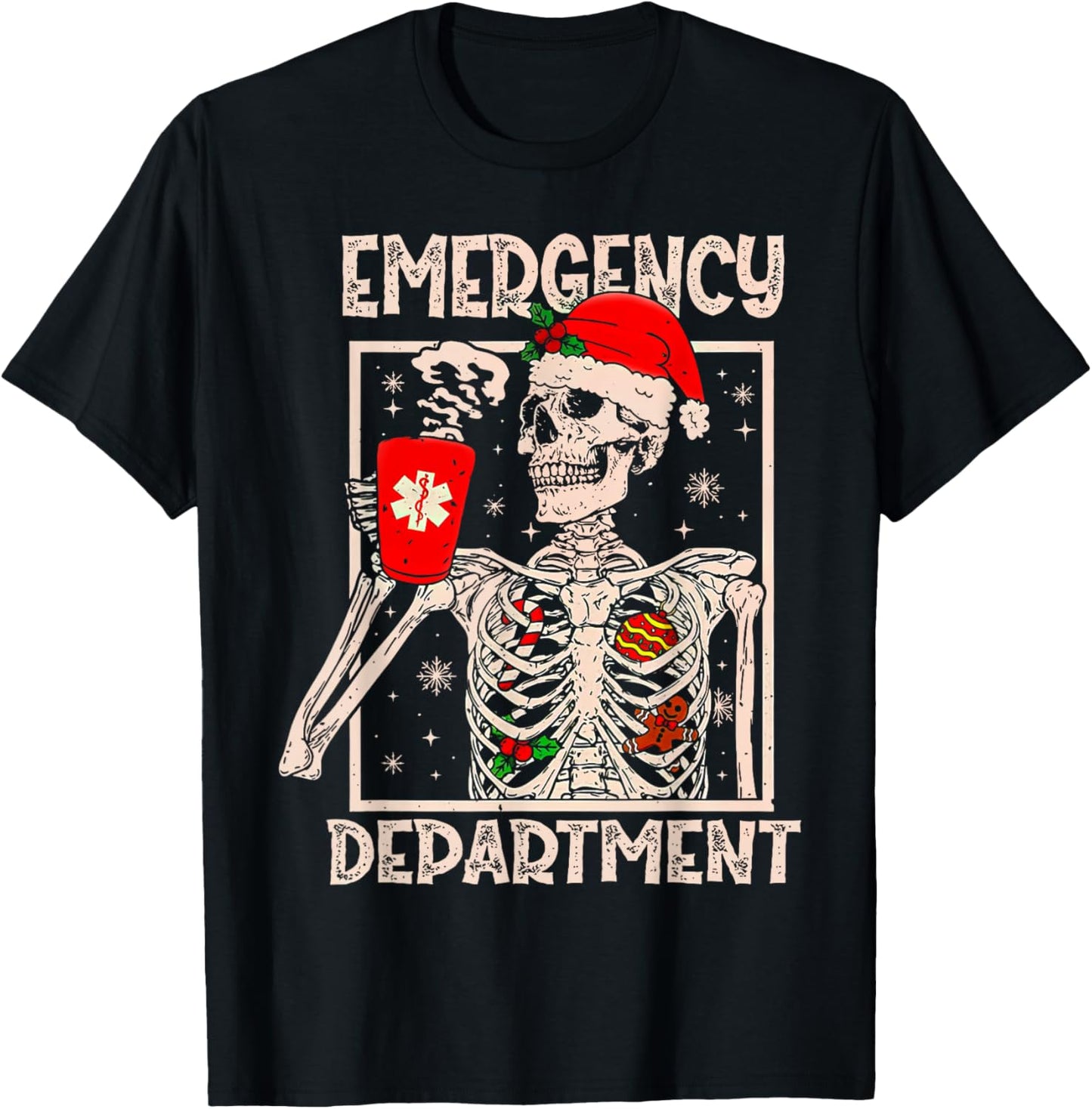 Emergency Department Skeleton Coffee ER Nurse Christmas T-Shirt - T-Shirt | Black