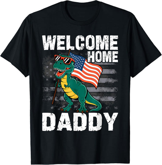 Kids Welcome Home Daddy Dinosaur T-Rex American Flag T-Shirt - T-Shirt | Black