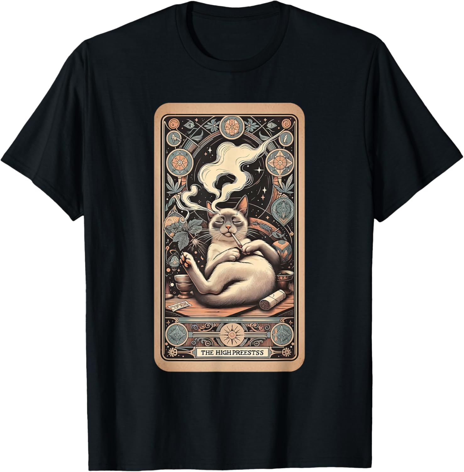 High Priestess Tarot Card Siamese Cat Smoking Weed Cannabis T-Shirt - T-Shirt | Black