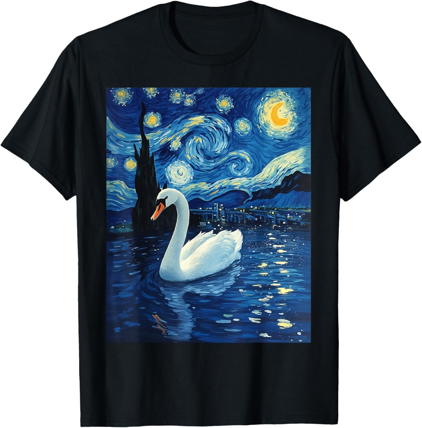 Van Gogh's Starry Night Swan Elegant Glider Animal Lovers T-Shirt - T-Shirt | Black
