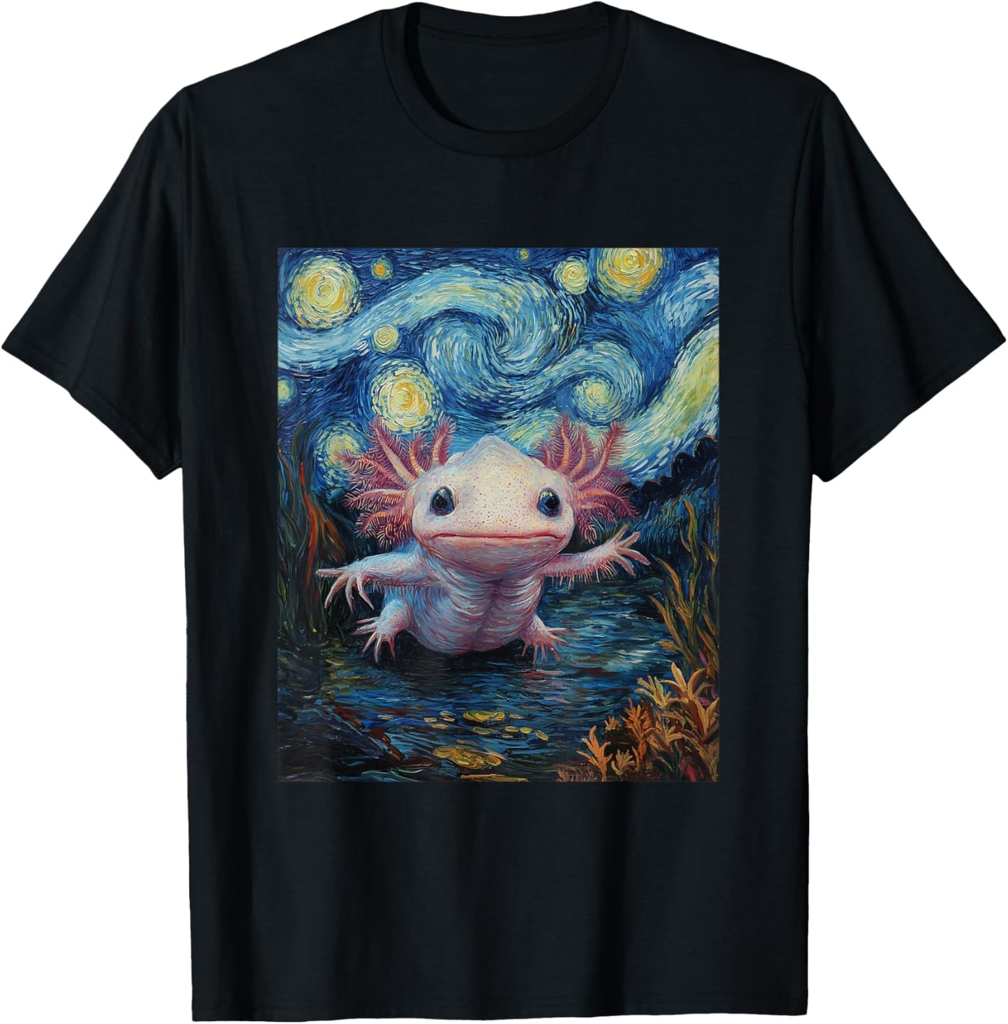 Axolotl Kawaii - Van Gogh Style - Starry Night Graphic T-Shirt - T-Shirt | Black
