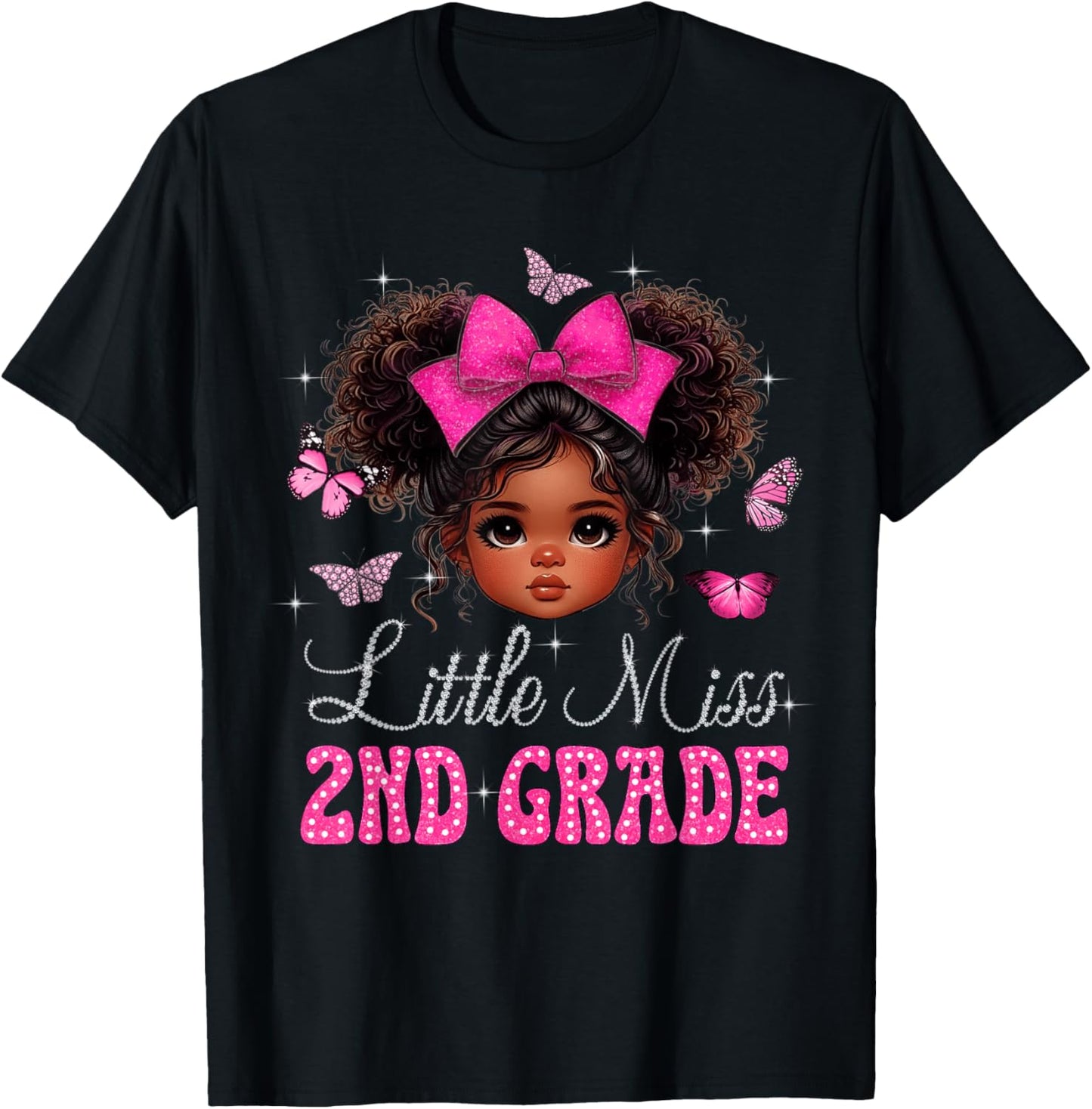 Little Miss 2nd Grade Messy Bun Black Girls Back To School T-Shirt - T-Shirt | Black