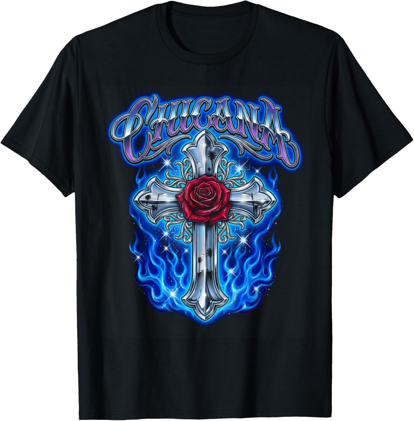 Chicana Lowrider Art Chrome Cross Rose Blue Flames T-Shirt - T-Shirt | Black
