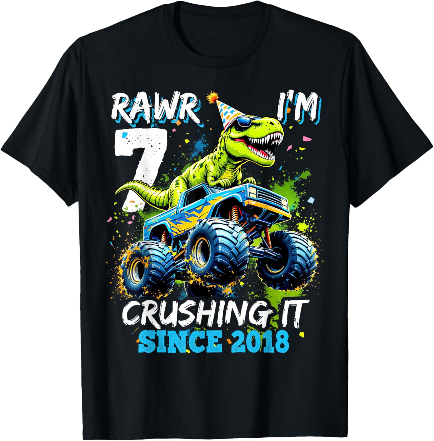 7th Birthday Monster Truck Dinosaur Party Boys Rawr I'm 7 T-Shirt - T-Shirt | Black