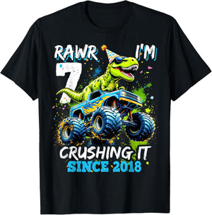 7th Birthday Monster Truck Dinosaur Party Boys Rawr I'm 7 T-Shirt - T-Shirt | Black