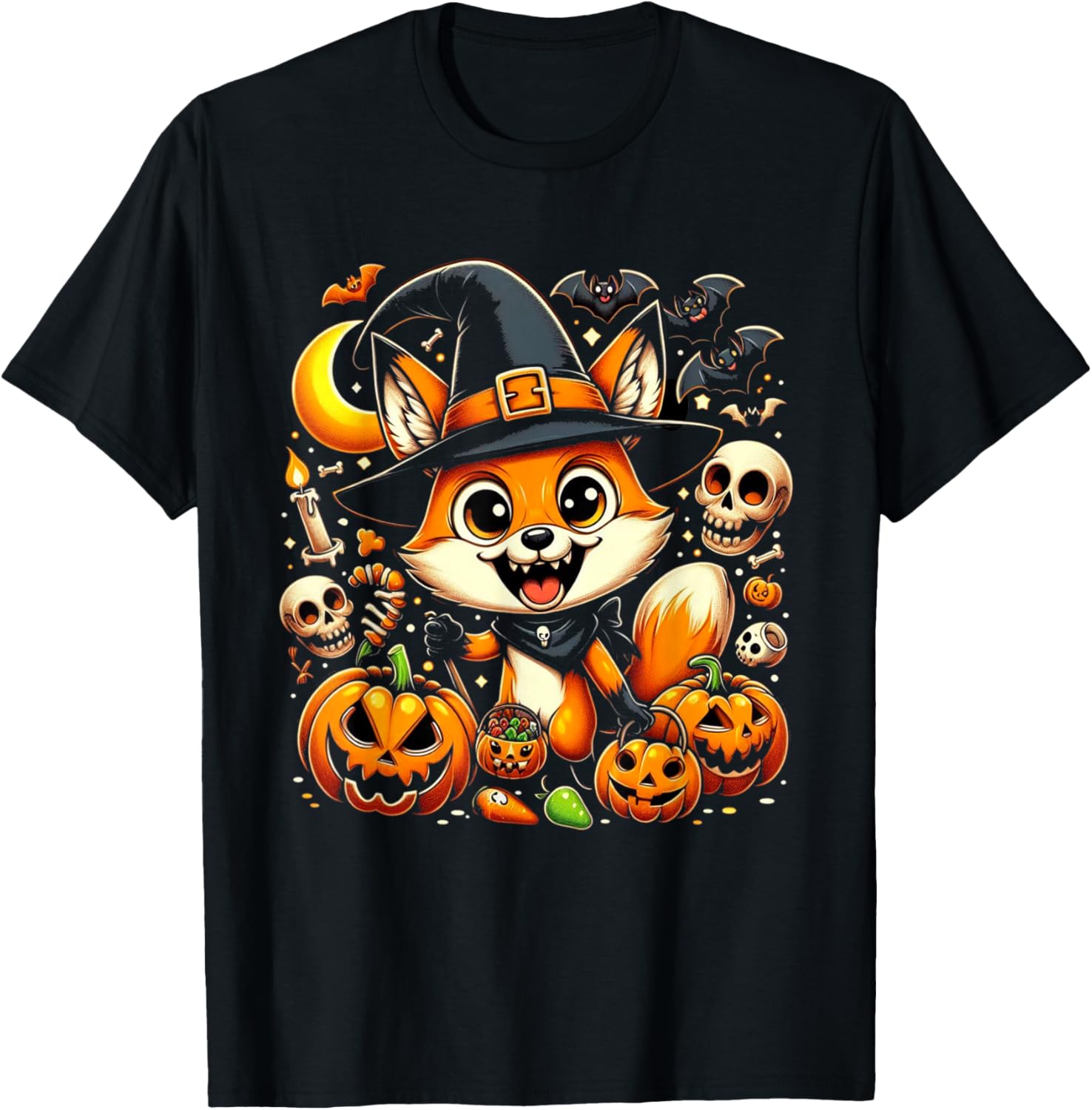 Halloween Fox Witch Pumpkin Fox T-Shirt - T-Shirt | Black
