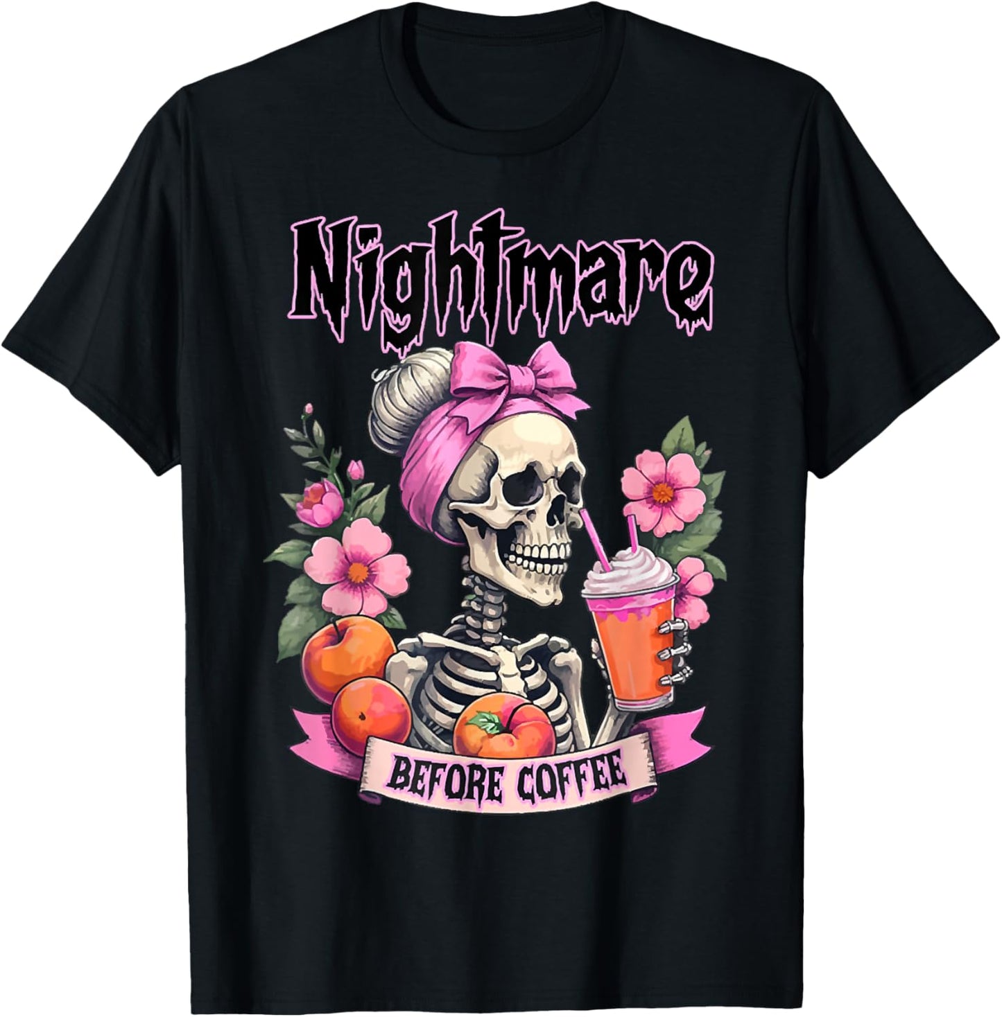 Cute Nightmare Before Coffee Halloween Flower Skeleton T-Shirt - T-Shirt | Black