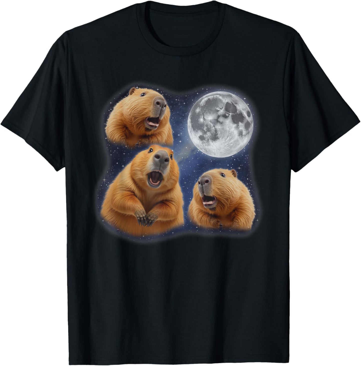 Three Capybara Moon 3 Howling At Moon Funny Weird Cursed T-Shirt - T-Shirt | Black