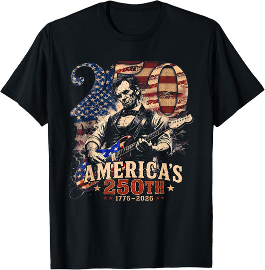America's 250th Abraham Lincoln Playing Guitar Retro Vintage T-Shirt - T-Shirt | Black