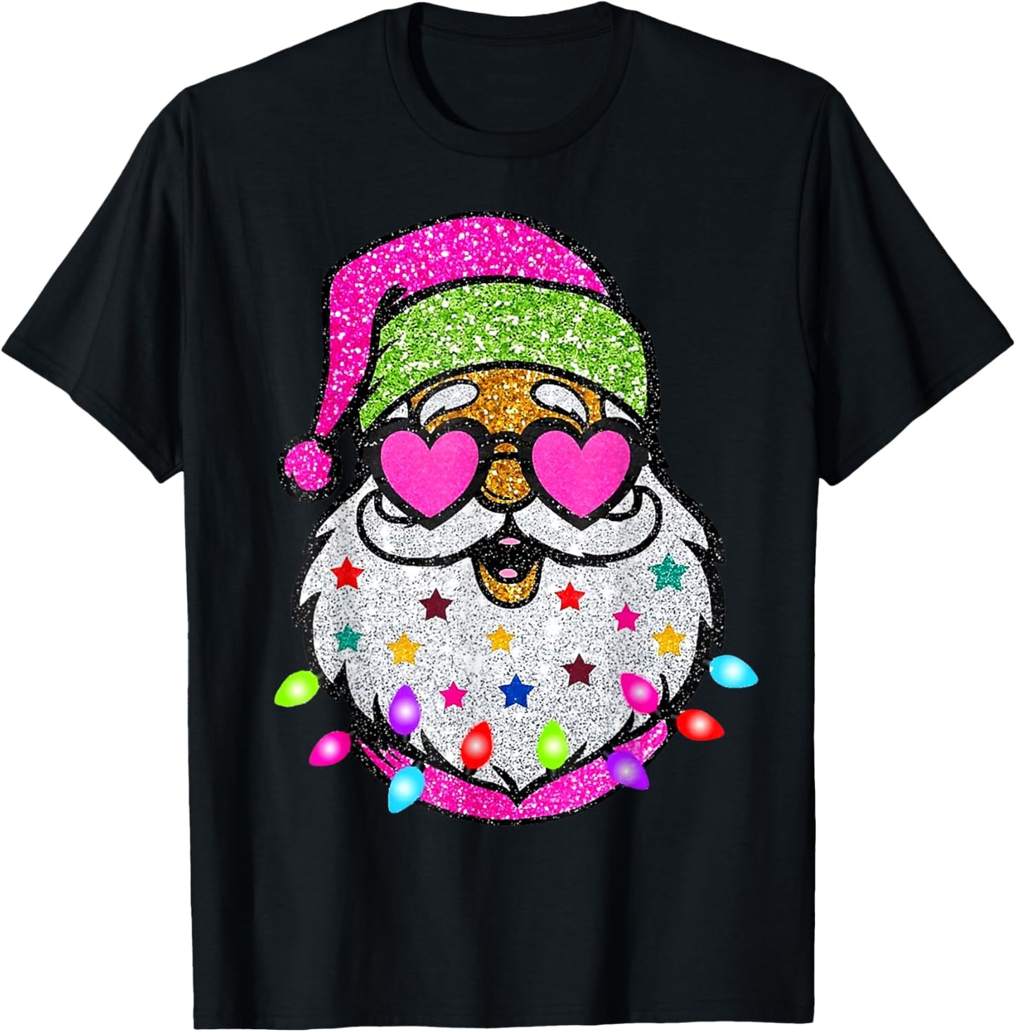 Cute Santa With Sunglasses Christmas Lights Pink Santa T-Shirt - T-Shirt | Black