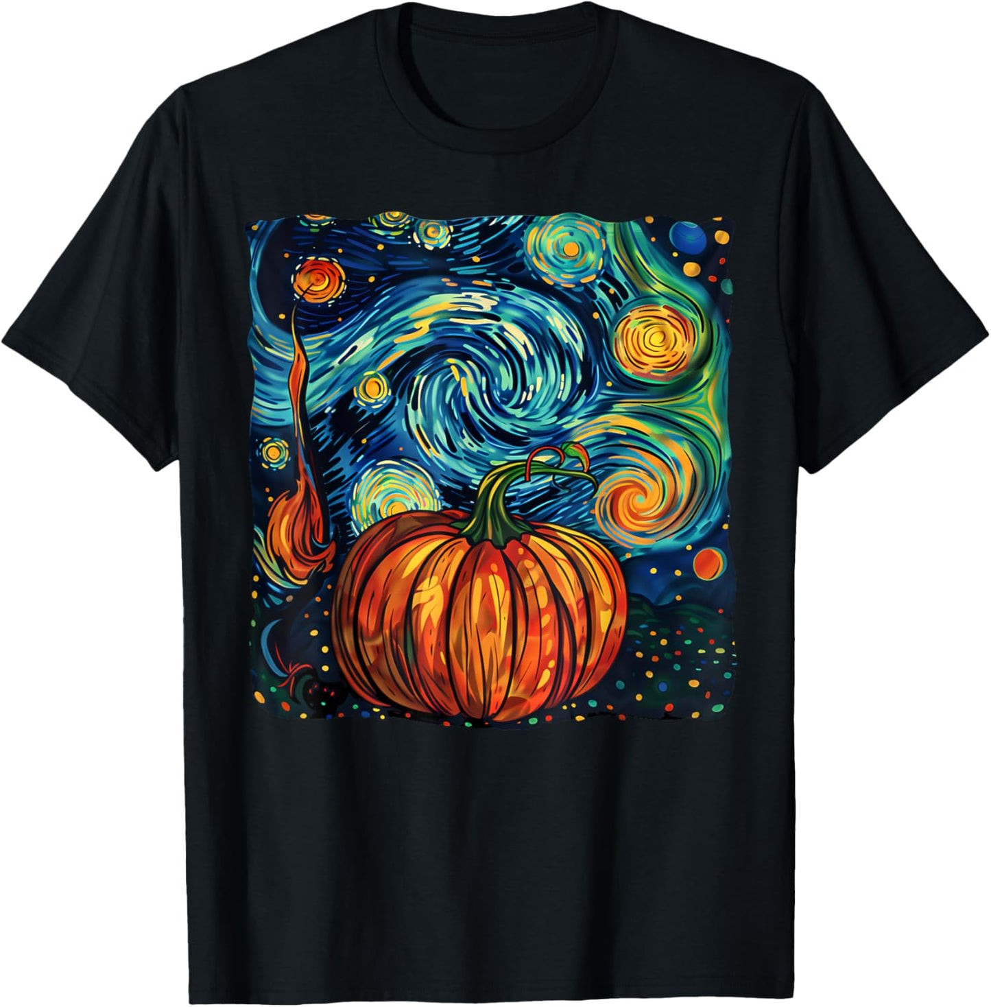 Pumpkin Halloween Starry Night Van Gogh Thanksgiving Fall T-Shirt - T-Shirt | Black