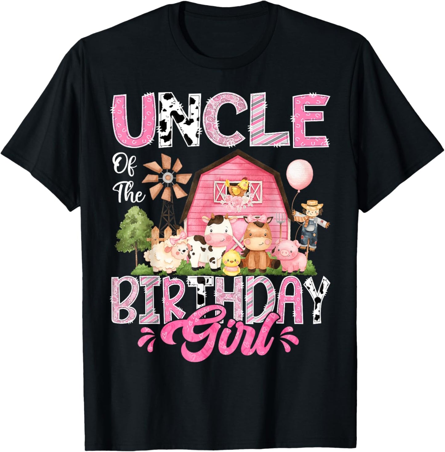 Uncle Of The Birthday Girl Pink Farm Cow First Birthday T-Shirt - T-Shirt | Black