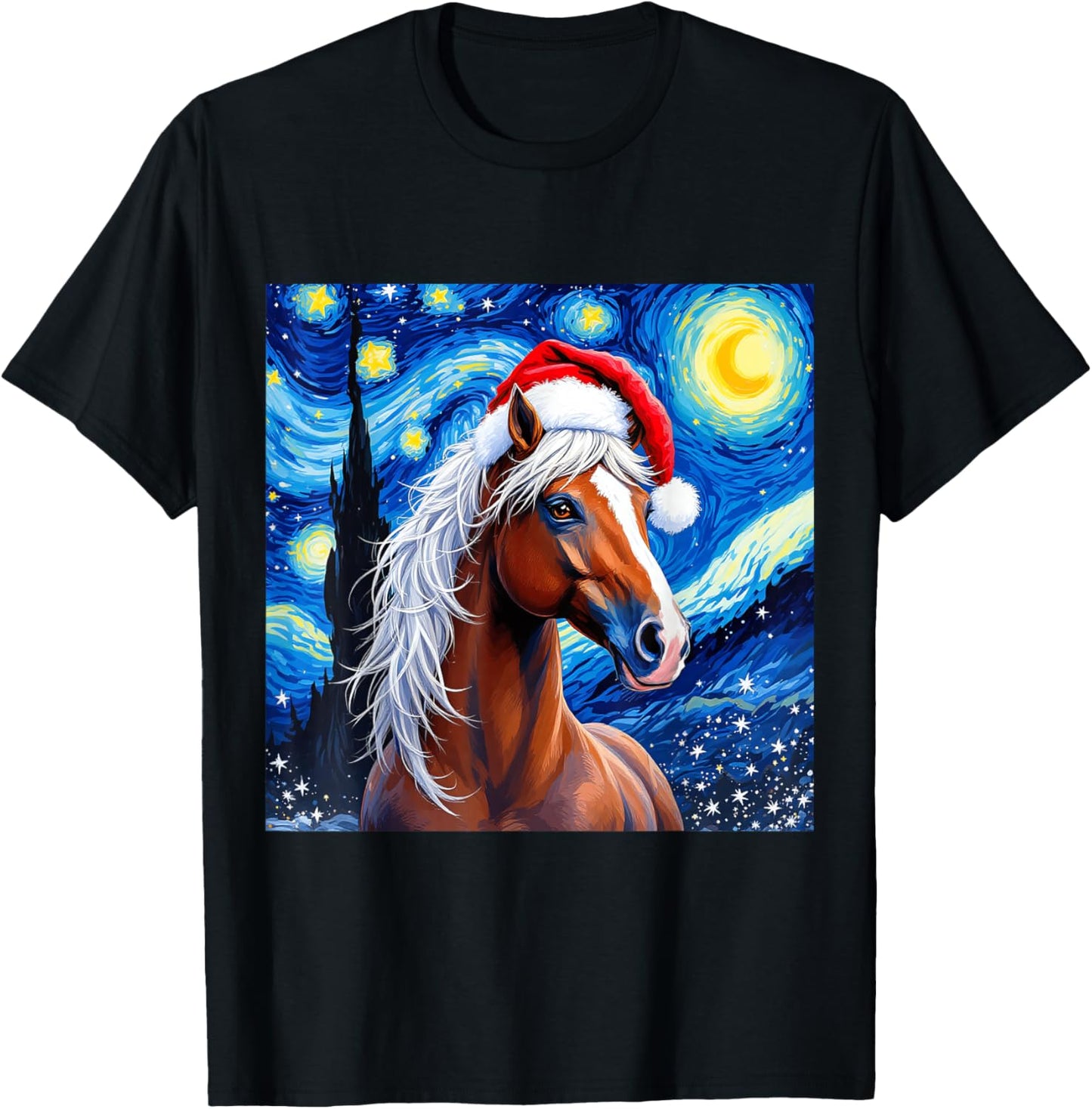 Christmas Horse Santa Hat Van Gogh Starry Night Holiday T-Shirt - T-Shirt | Black