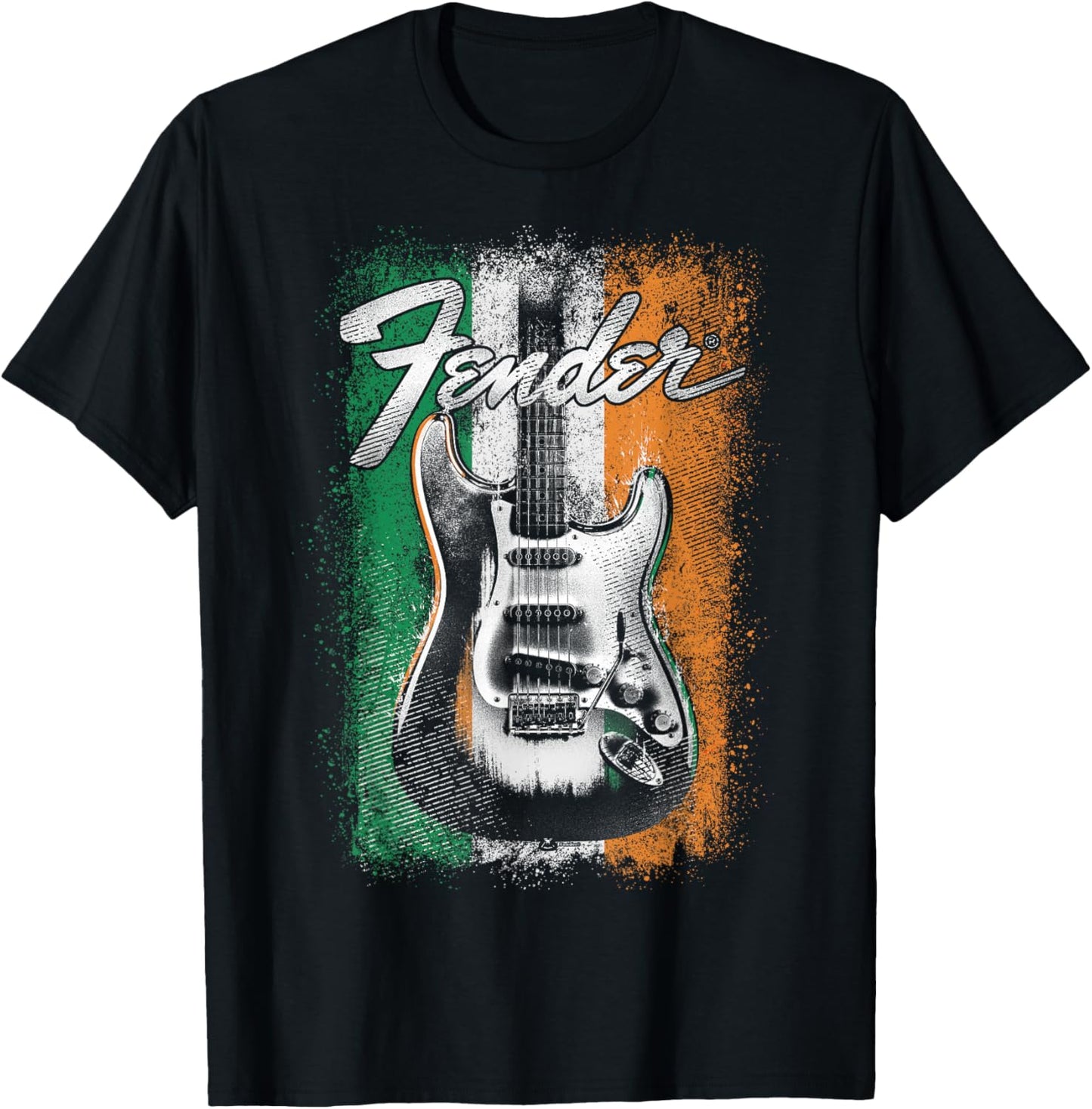 Fender St Patrick's Day Electric Guitar Irish Flag Backdrop T-Shirt - T-Shirt | Black
