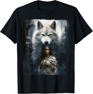 Warrior Woman with a White Wolf Fantasy T-Shirt - T-Shirt | Black