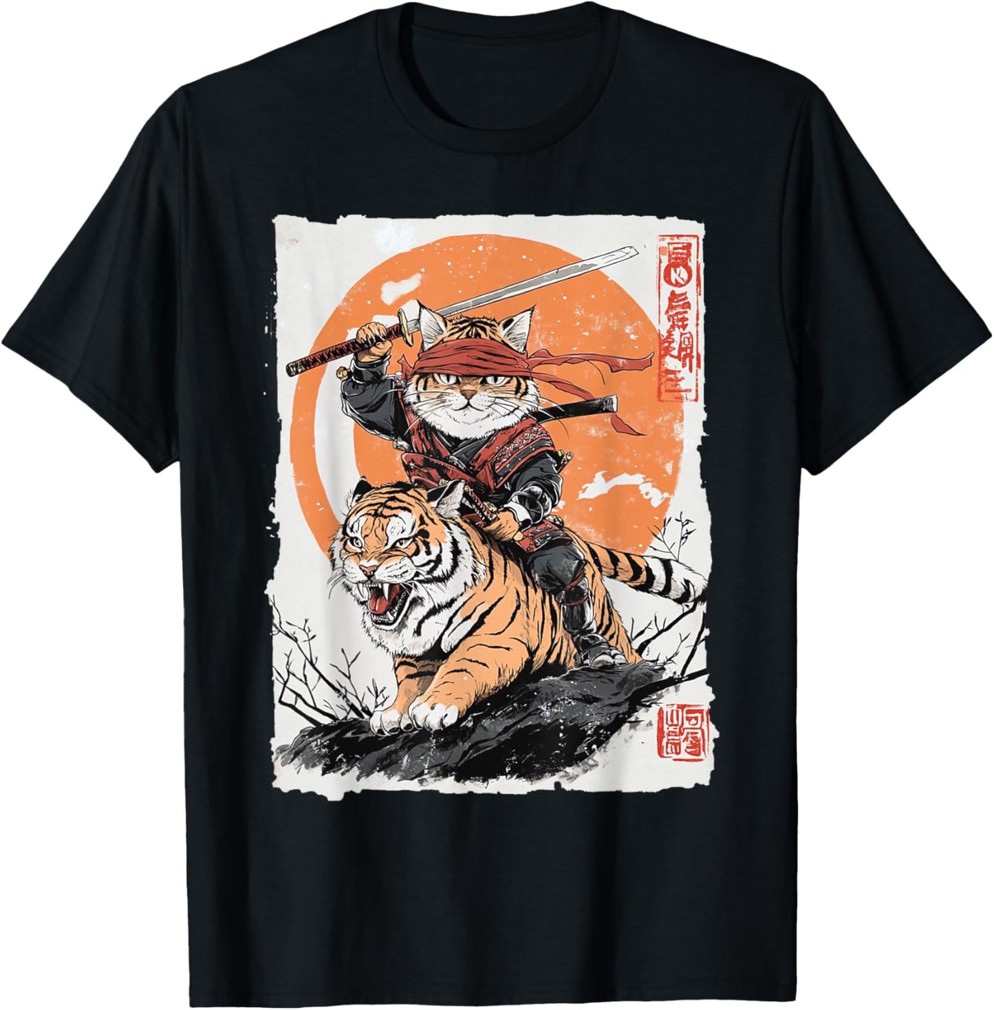 Ninja Cat Riding Tiger - Japanese Samurai Art Vintage Style Women Kids T-Shirt - T-Shirt | Black