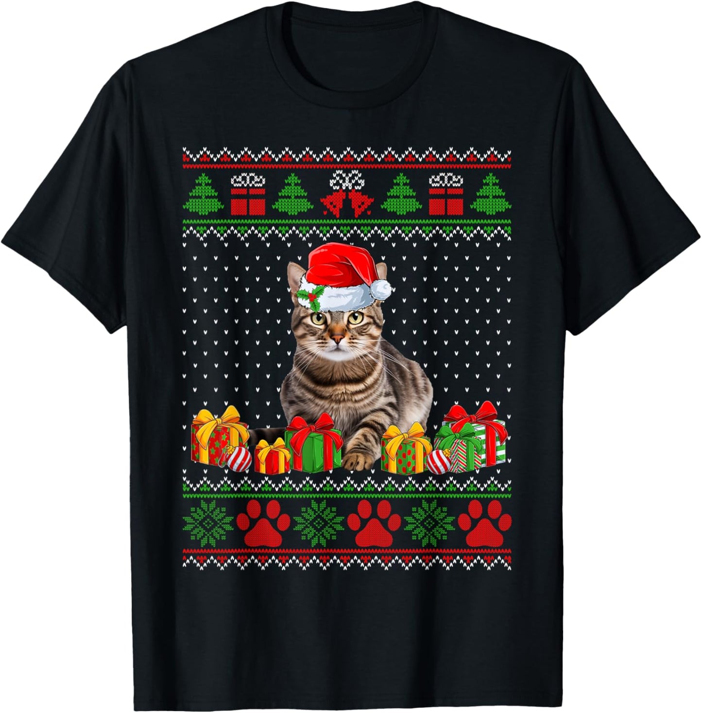 Funny Tabby Cat Santa Hat Ugly Christmas Sweater Xmas PJS Women Kids T-Shirt - T-Shirt | Black