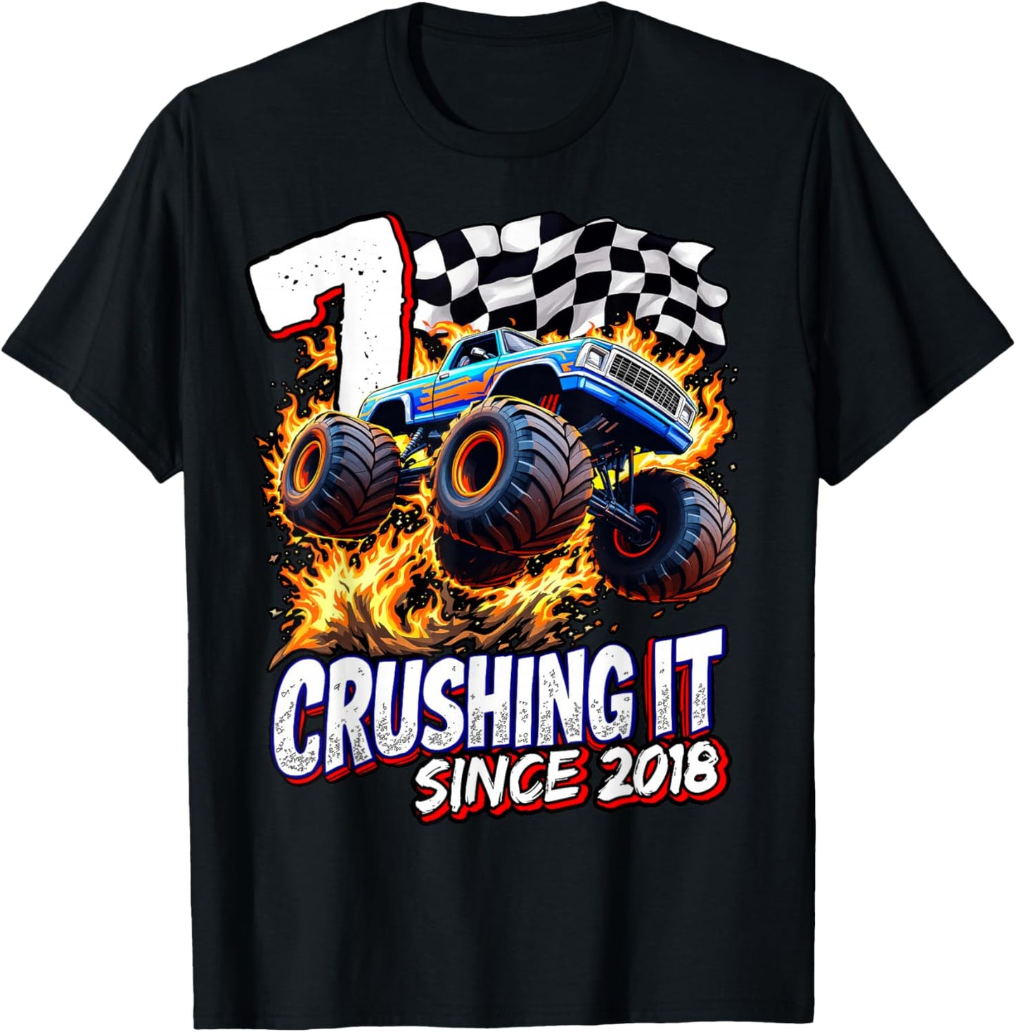 Birthday Monster Truck 7 Year Old Boys 7th Party Born 2018 T-Shirt - T-Shirt | Black