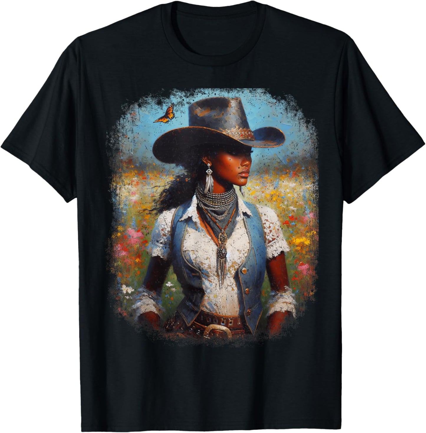 Black Cowgirl Painting Art Western Rodeo Melanin Black Woman T-Shirt - T-Shirt | Black