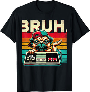 Bruh Retro Vintage 80s Gaming Pug BRUH Funny Gamer Bruh Dog Men Women Kids T-Shirt - T-Shirt | Black