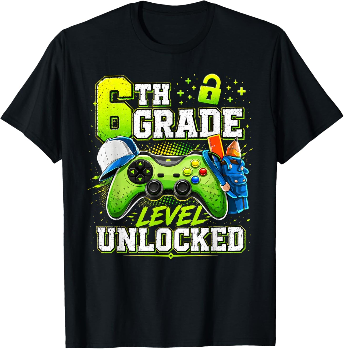 Back to School 6th Sixth Grade Level Unlocked Gamer Kid T-Shirt - T-Shirt | Black