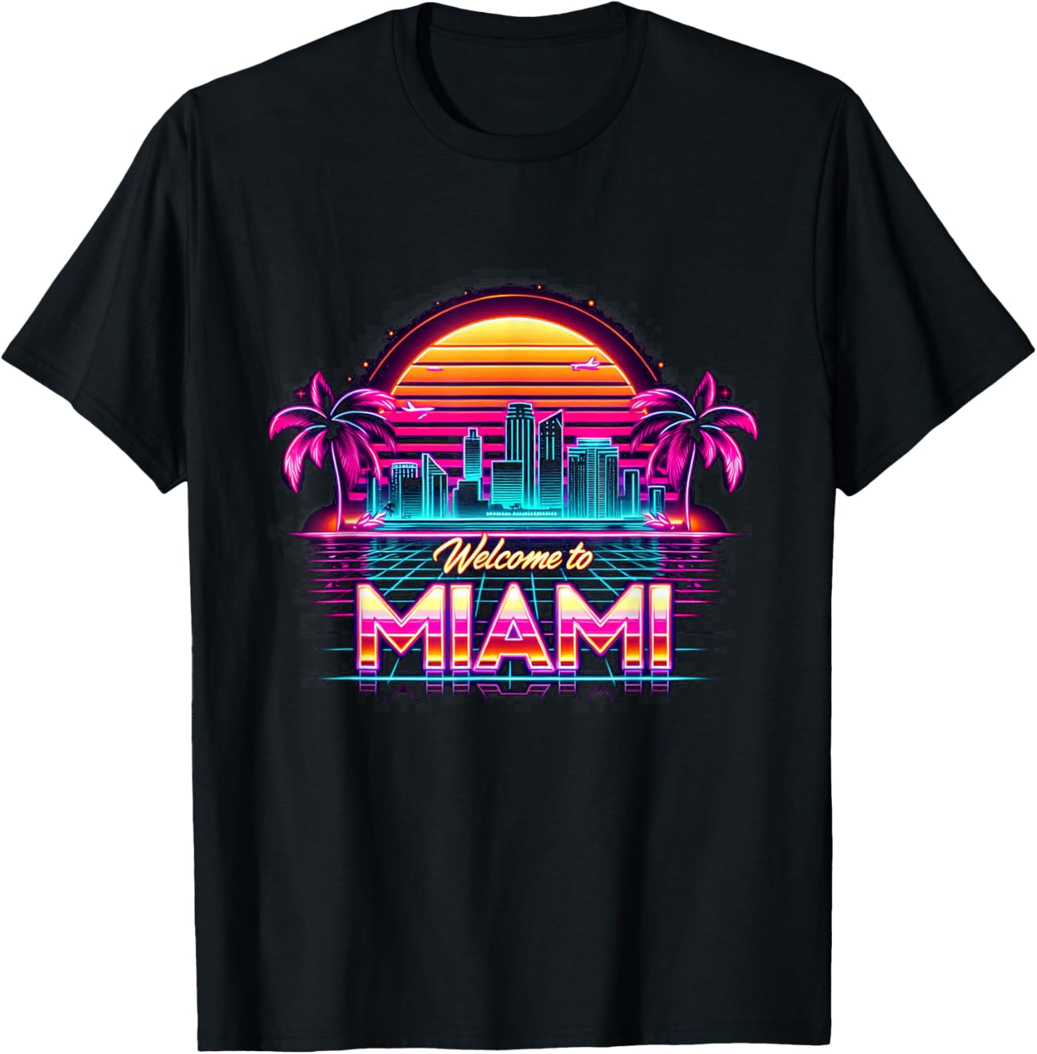 Miami Vibes Apparel Co. Skyline der Urlaubsstadt Miami Beach im Retro-Stil bei Sonnenuntergang in Schwarz, , Kurzarm, , Small T-Shirt - T-Shirt | Black