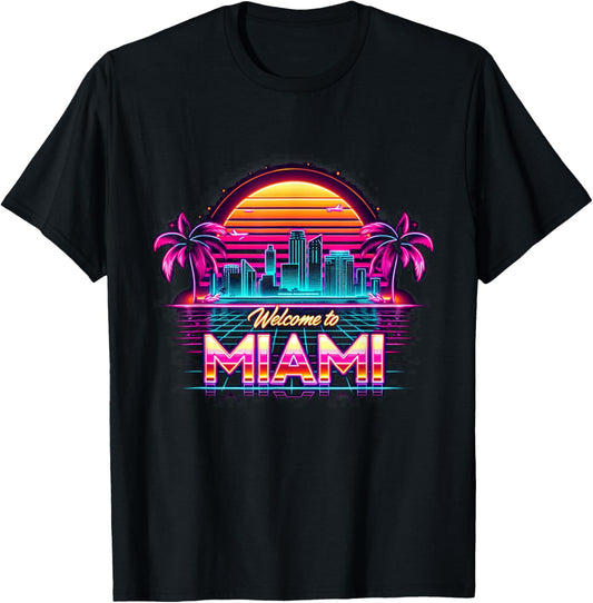 Miami Vibes Apparel Co. Skyline der Urlaubsstadt Miami Beach im Retro-Stil bei Sonnenuntergang in Schwarz, , Kurzarm, , Small T-Shirt - T-Shirt | Black