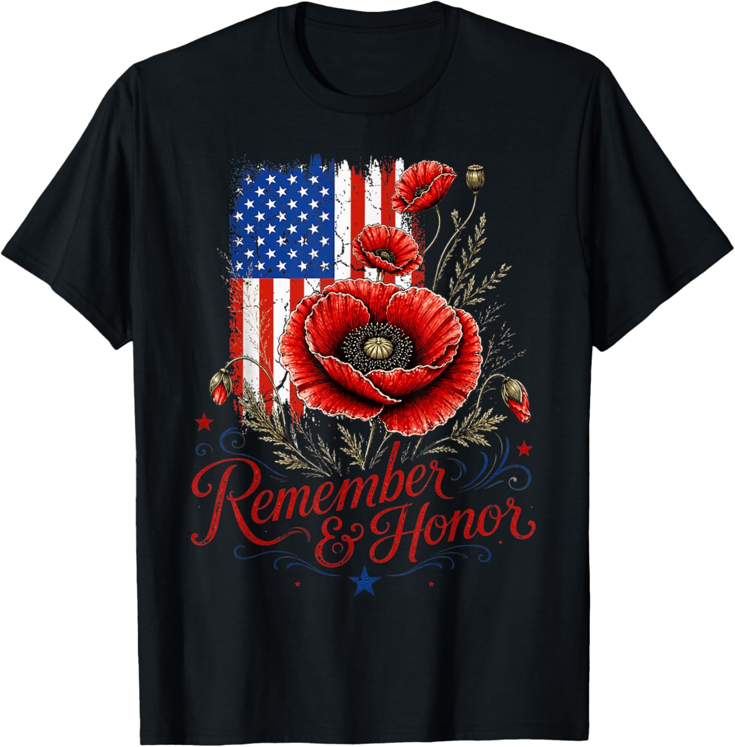Veterans Day USA Memorial Day Red Poppy Flower Military T-Shirt - T-Shirt | Black