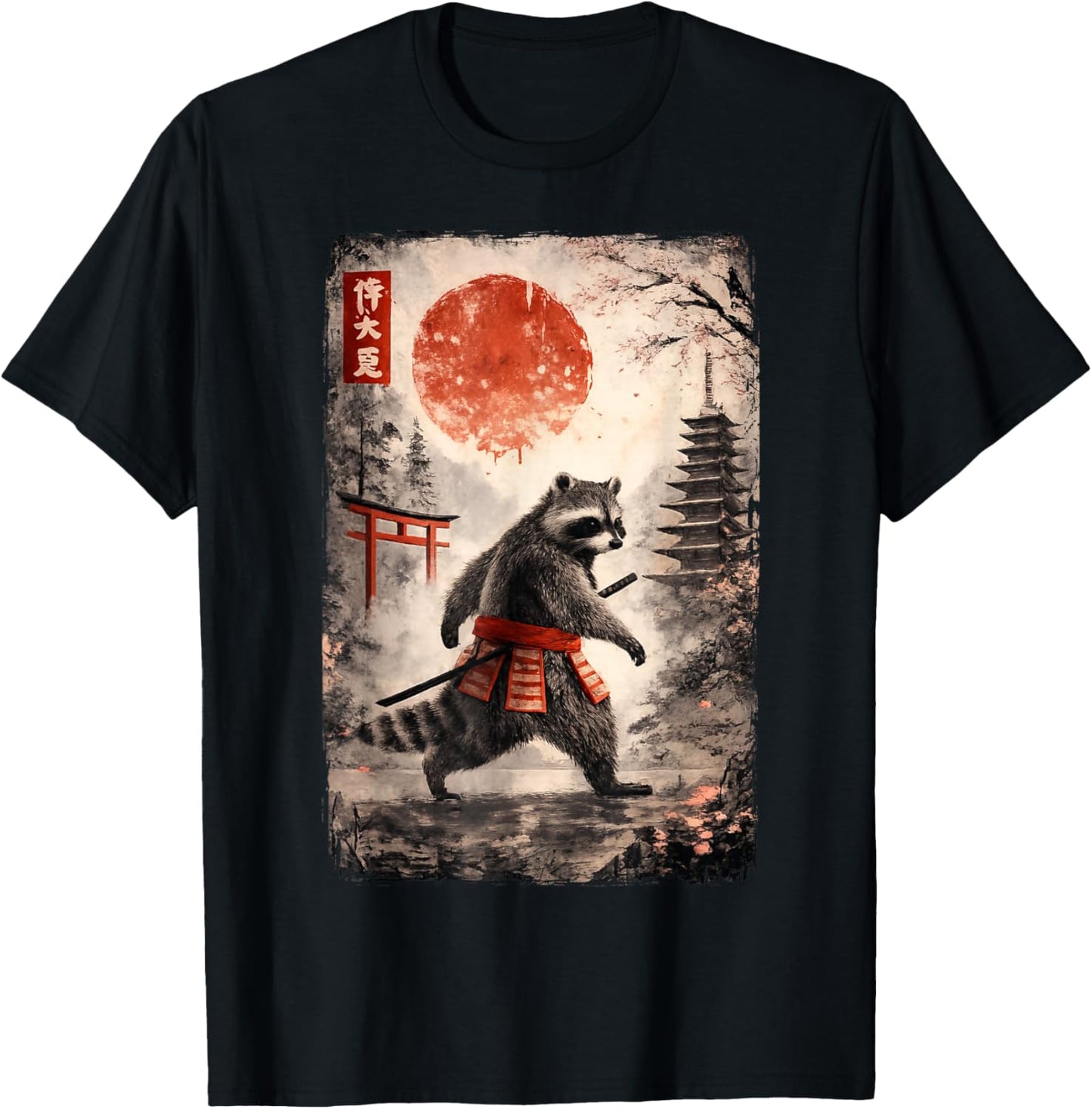 Funny Samurai Raccoon Japanese Vintage Racoon Ukiyo-e Art T-Shirt - T-Shirt | Black