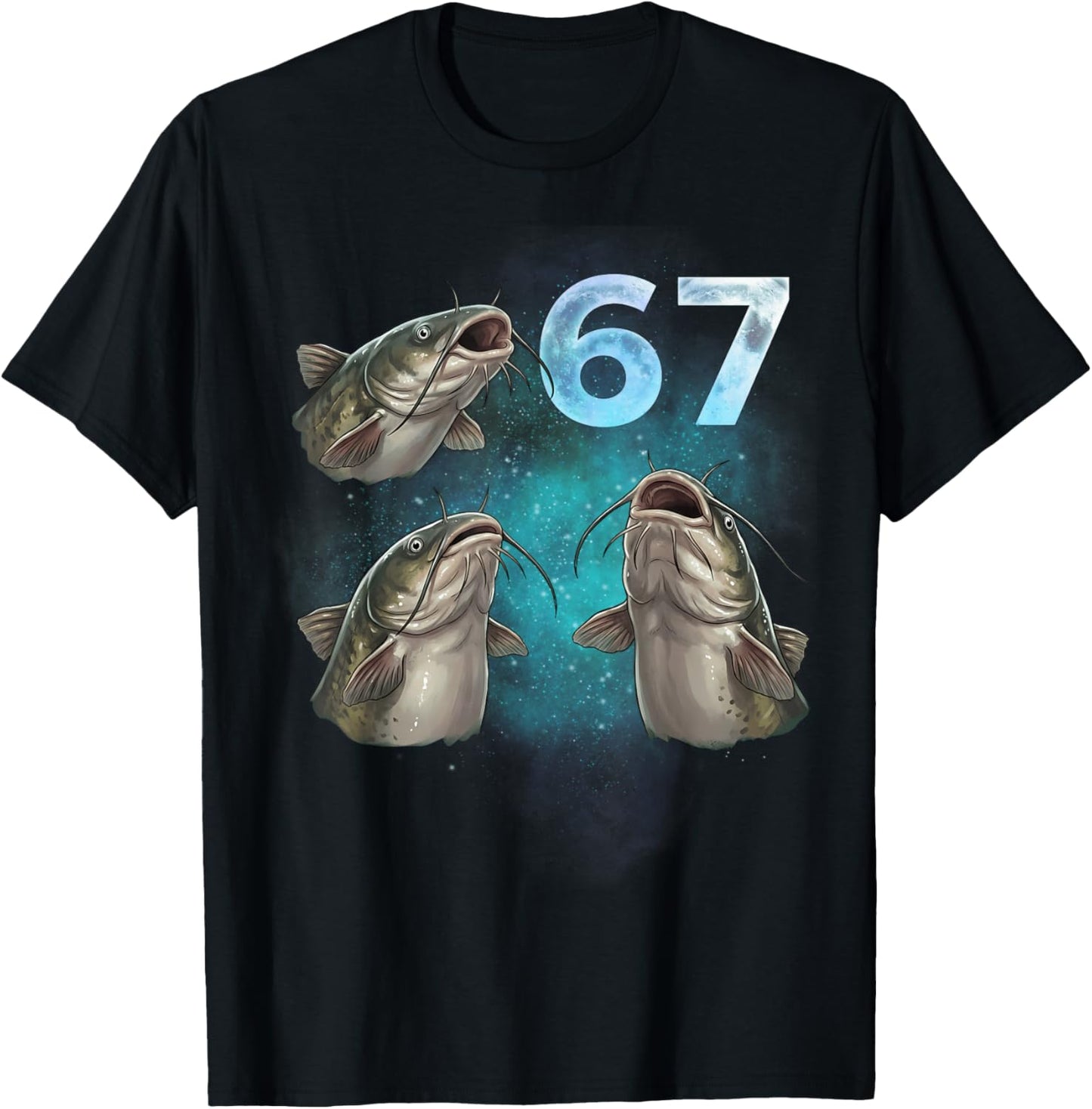 67 Meme Catfish Howling at the Moon Six Seven T-Shirt - T-Shirt | Black