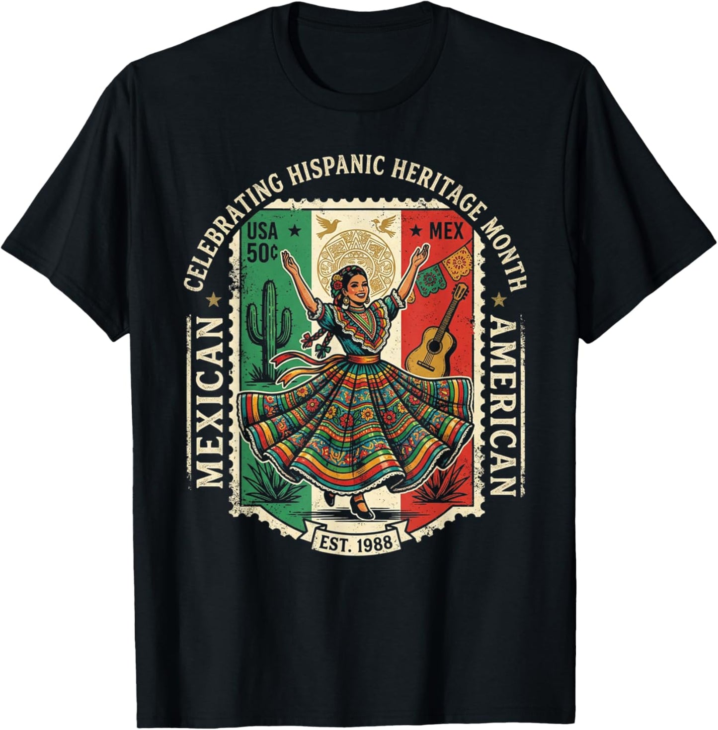 Hispanic Heritage Mexican American Floral Dancer Woman Mujer T-Shirt - T-Shirt | Black