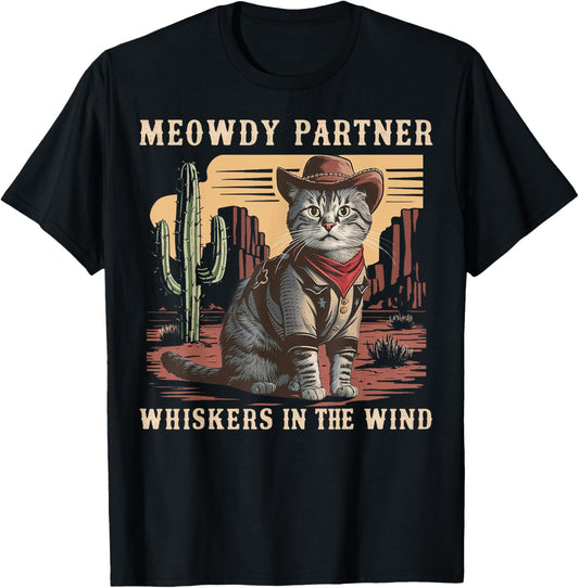 Meowdy Partner Cowboy Cat Vintage Gifts Men Women Cat Lover T-Shirt - T-Shirt | Black
