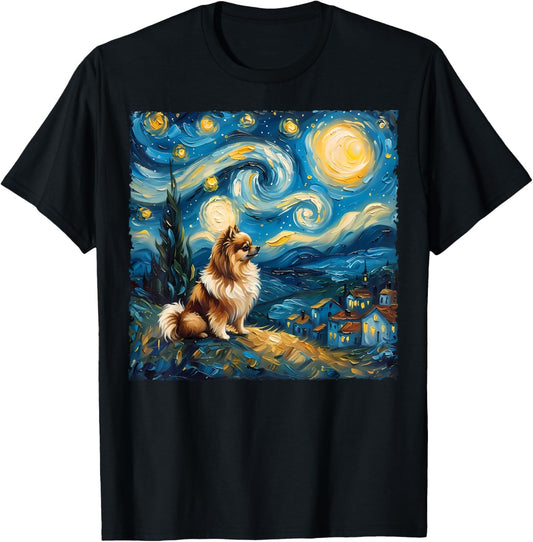 Pomeranian Dog Lovers Starry Night Van Gogh Style Painting T-Shirt - T-Shirt | Black