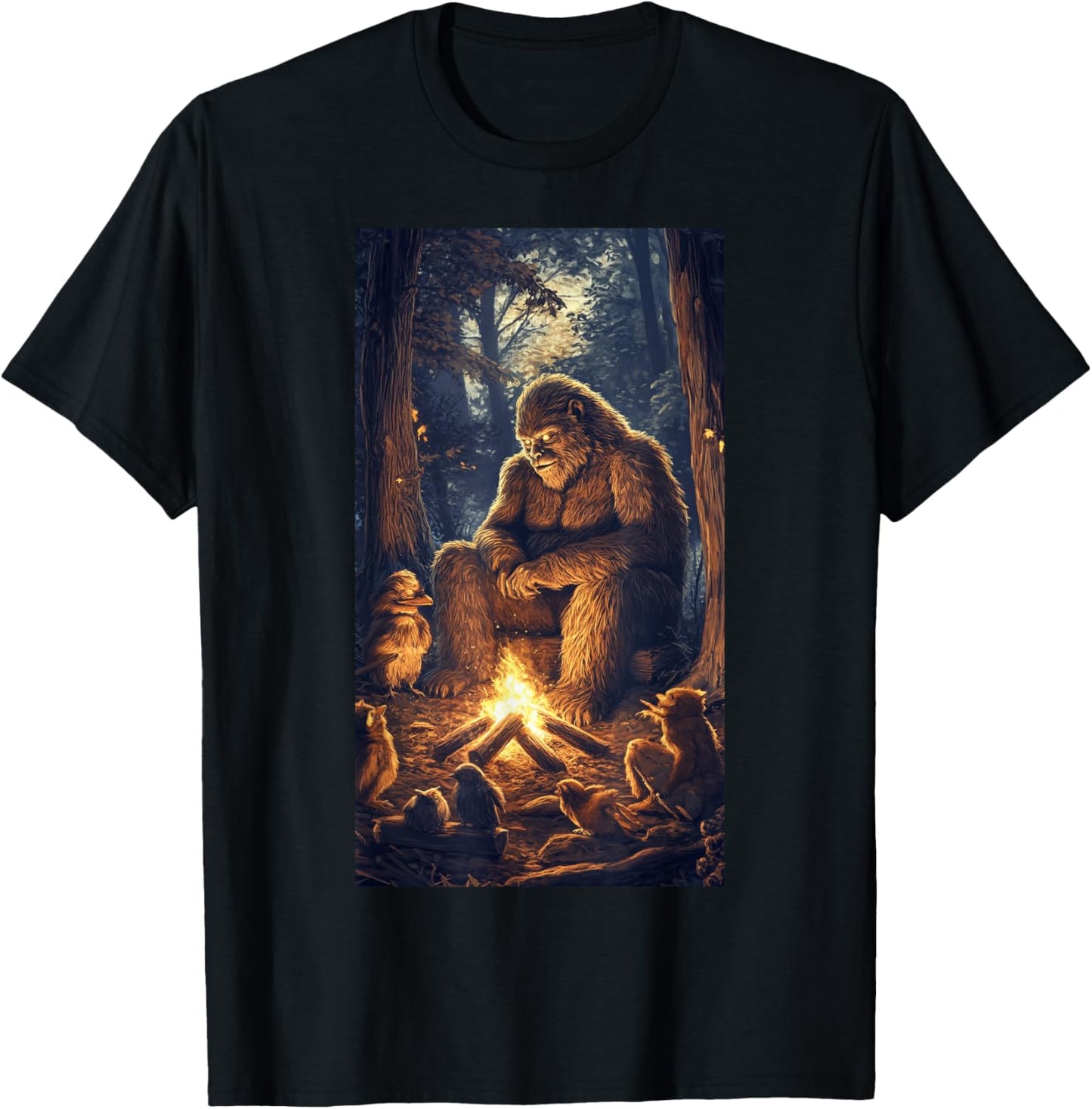 Bigfoot Campfire Woodland Sasquatch Wildlife art T-Shirt - T-Shirt | Black