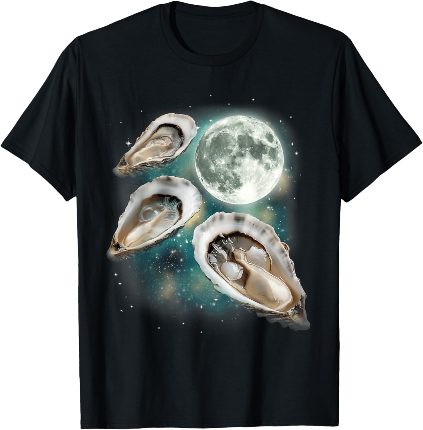 Three Oyster Moon | 3 Shellfish Howling Meme Magic Cursed T-Shirt - T-Shirt | Black