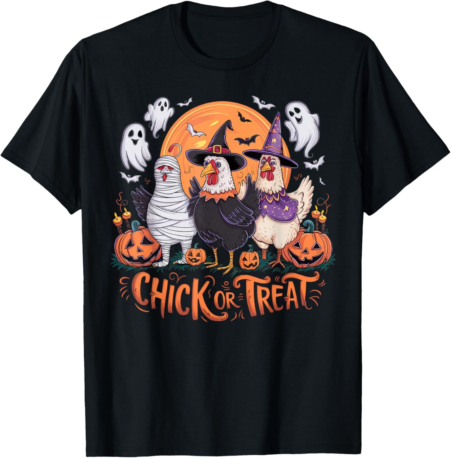 Halloween Chick Or Treat Pumpkin Spooky Witch Chicken Farmer T-Shirt - T-Shirt | Black
