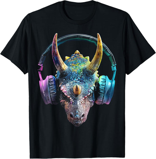 Triceratops Dinosaur Graphic Headphone Triceratops T-Shirt - T-Shirt | Black