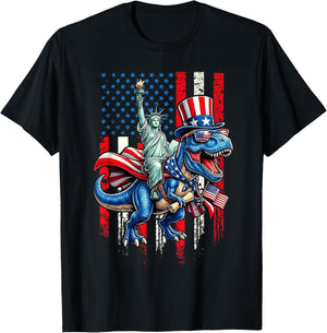 4th of July Statue Liberty Riding Dinosaur Men Boy Kid T-Shirt - T-Shirt | Black