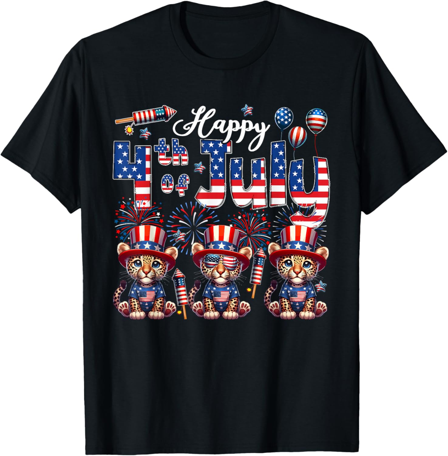 Happy 4th Of July Three Cute Leopards Sunglasses Flag Proud T-Shirt - T-Shirt | Black