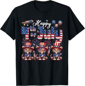 Happy 4th Of July Three Cute Leopards Sunglasses Flag Proud T-Shirt - T-Shirt | Black