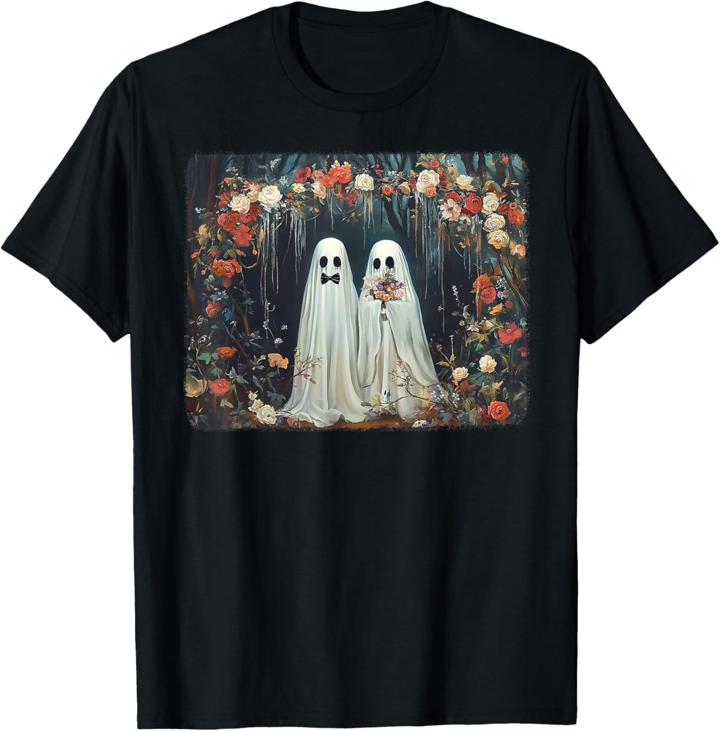 Halloween Floral Ghost Just Married Wedding Groom Bride T-Shirt - T-Shirt | Black