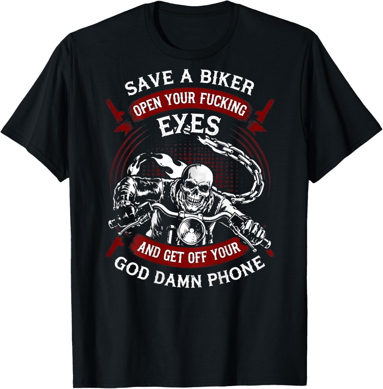 Save A Biker Open Your Eyes Get Off Your Phone Skull (Back) T-Shirt - T-Shirt | Black