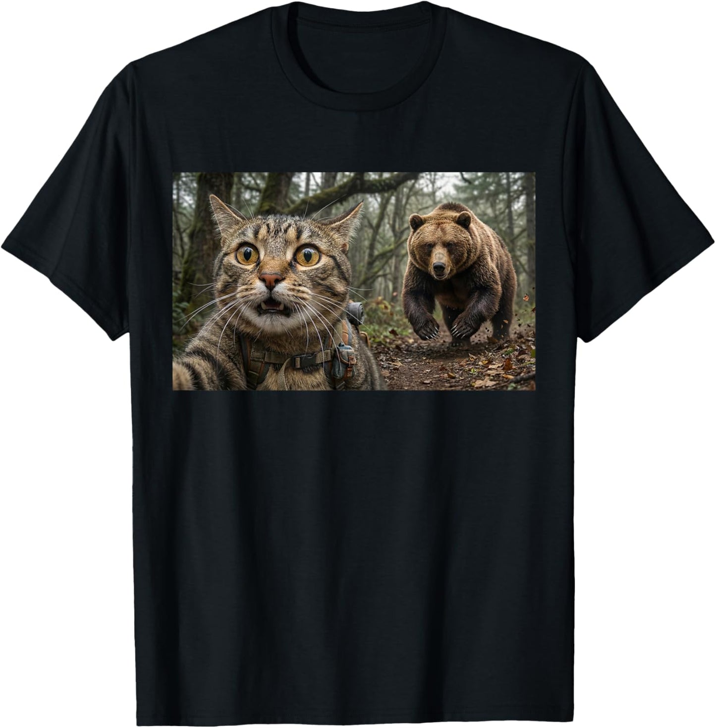 Funny Hiking Cat Selfie with Chasing Grizzly Bear Outdoor T-Shirt - T-Shirt | Black