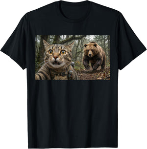 Funny Hiking Cat Selfie with Chasing Grizzly Bear Outdoor T-Shirt - T-Shirt | Black
