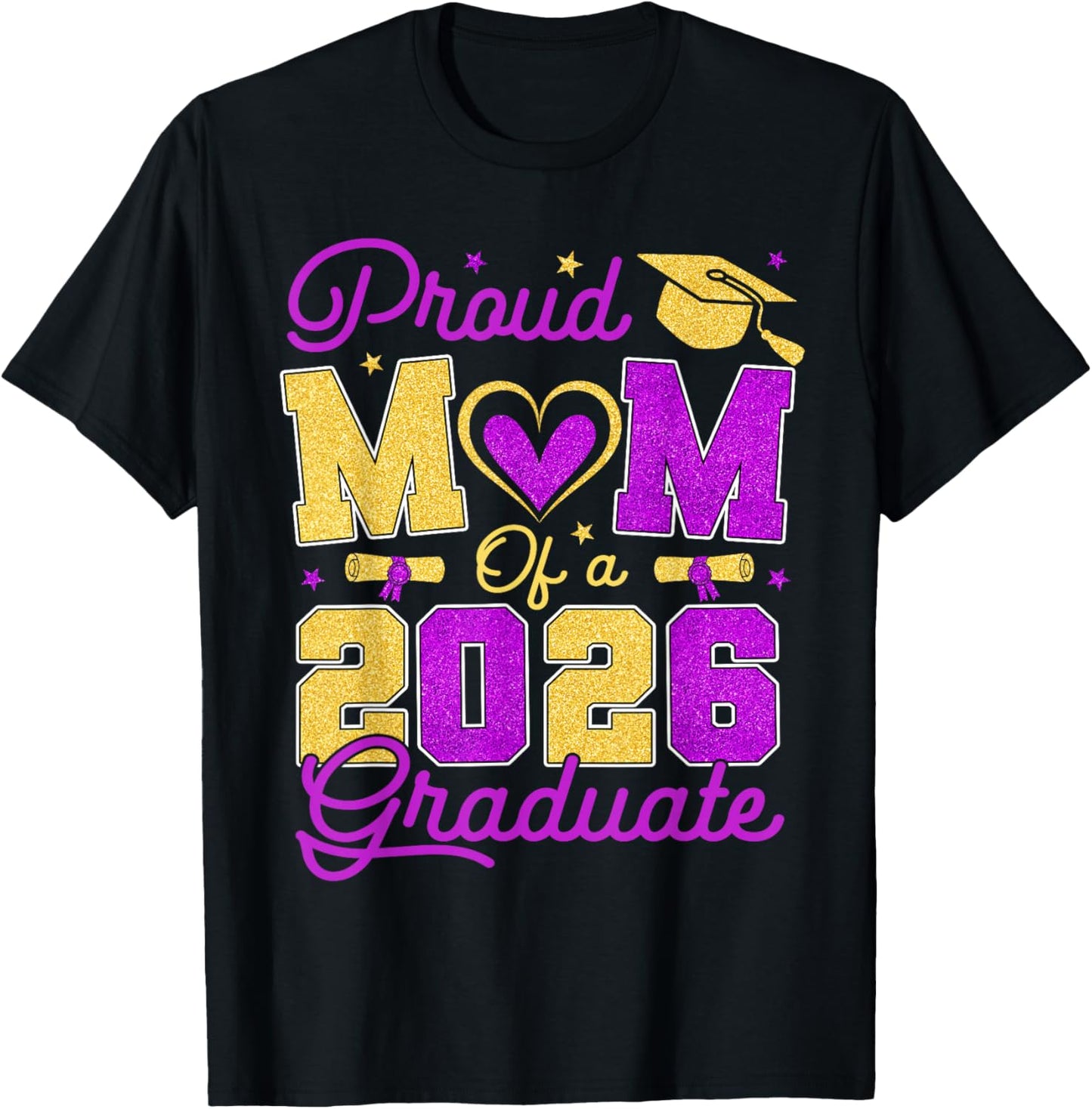 Proud Mom of A 2026 Graduate Purple & Gold Senior Graduation T-Shirt - T-Shirt | Black
