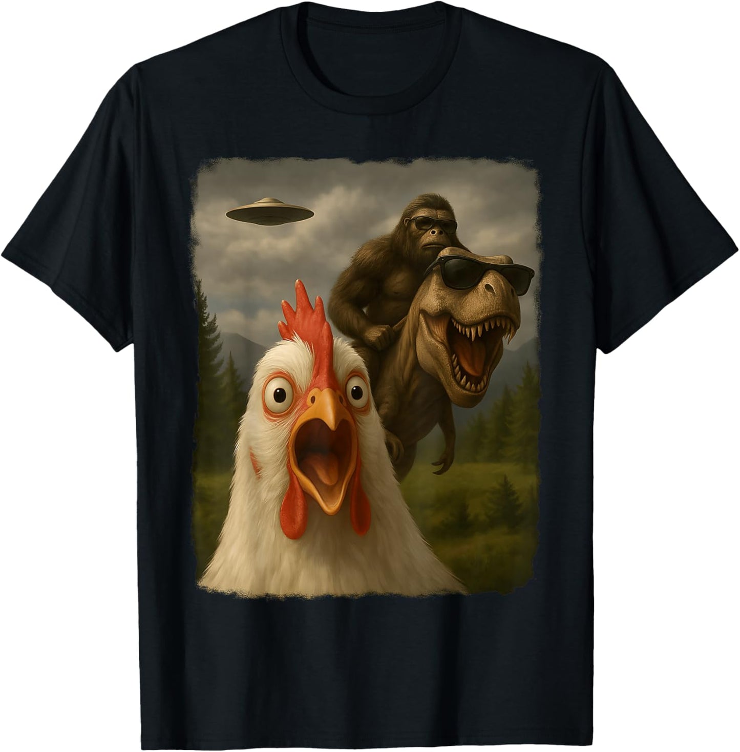 Funny Chicken Selfie Bigfoot Sasquatch Riding T-Rex UFO T-Shirt - T-Shirt | Black