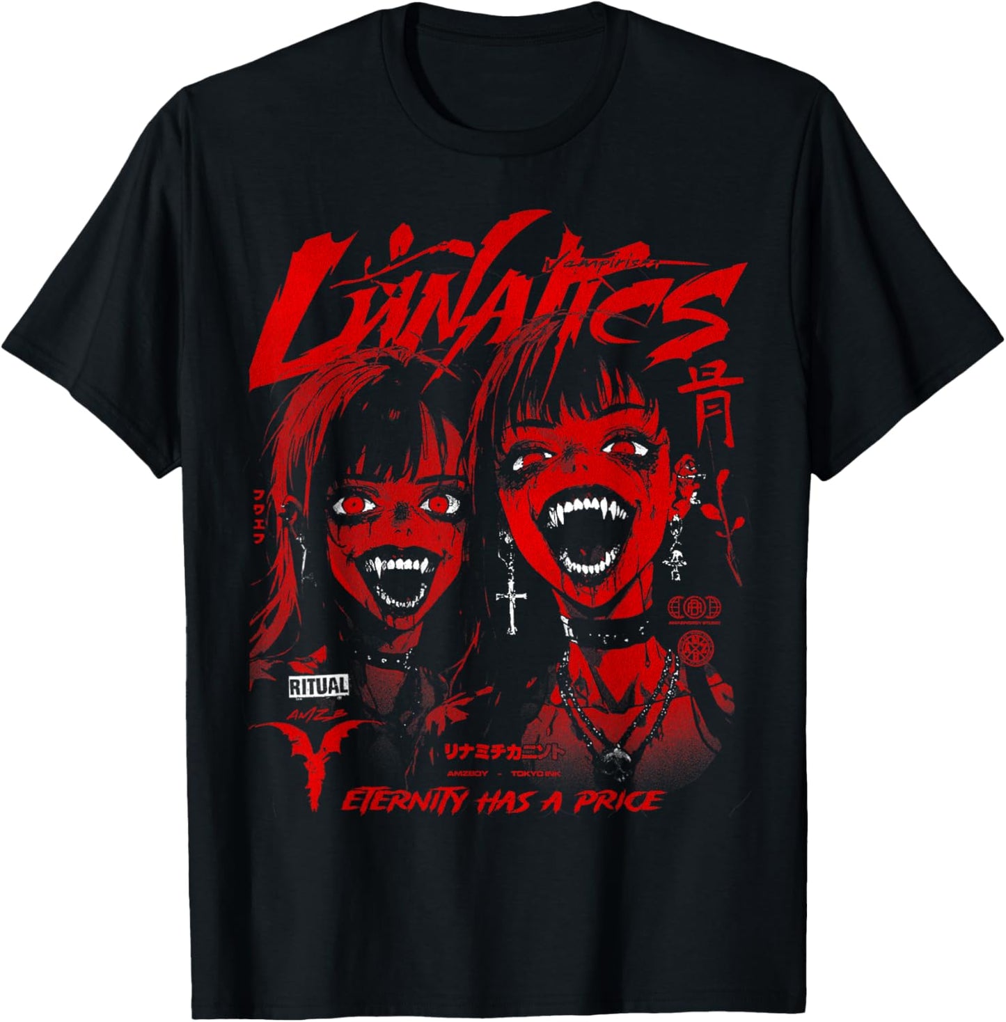 Creepy Manga Horror Gothic Anime Japanese Goth Y2K Vampire T-Shirt - T-Shirt | Black