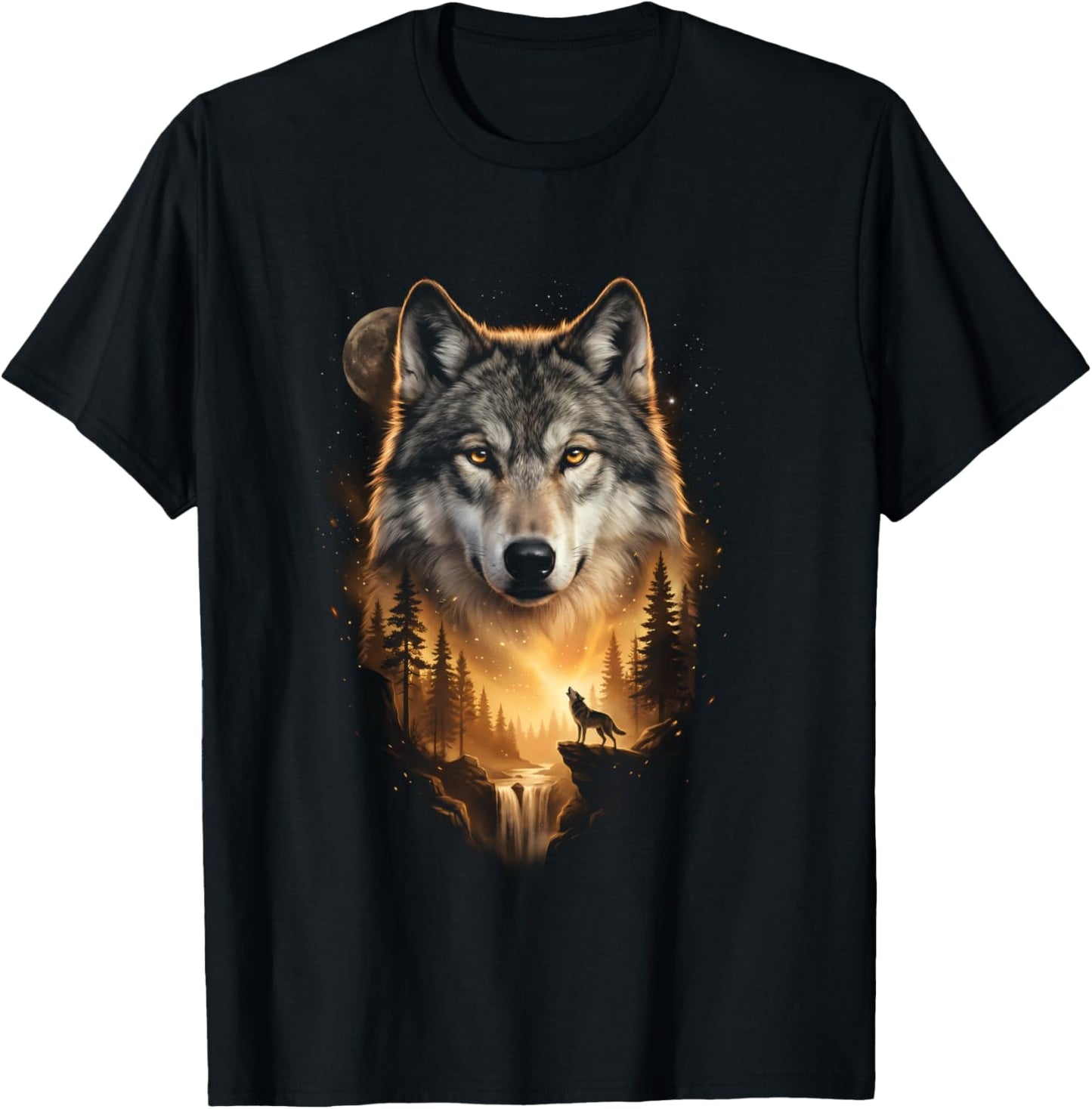 Motif de Loup Hurlant à la Lune Fantasy Art Forest Graphic Manche Longue T-Shirt - T-Shirt | Black