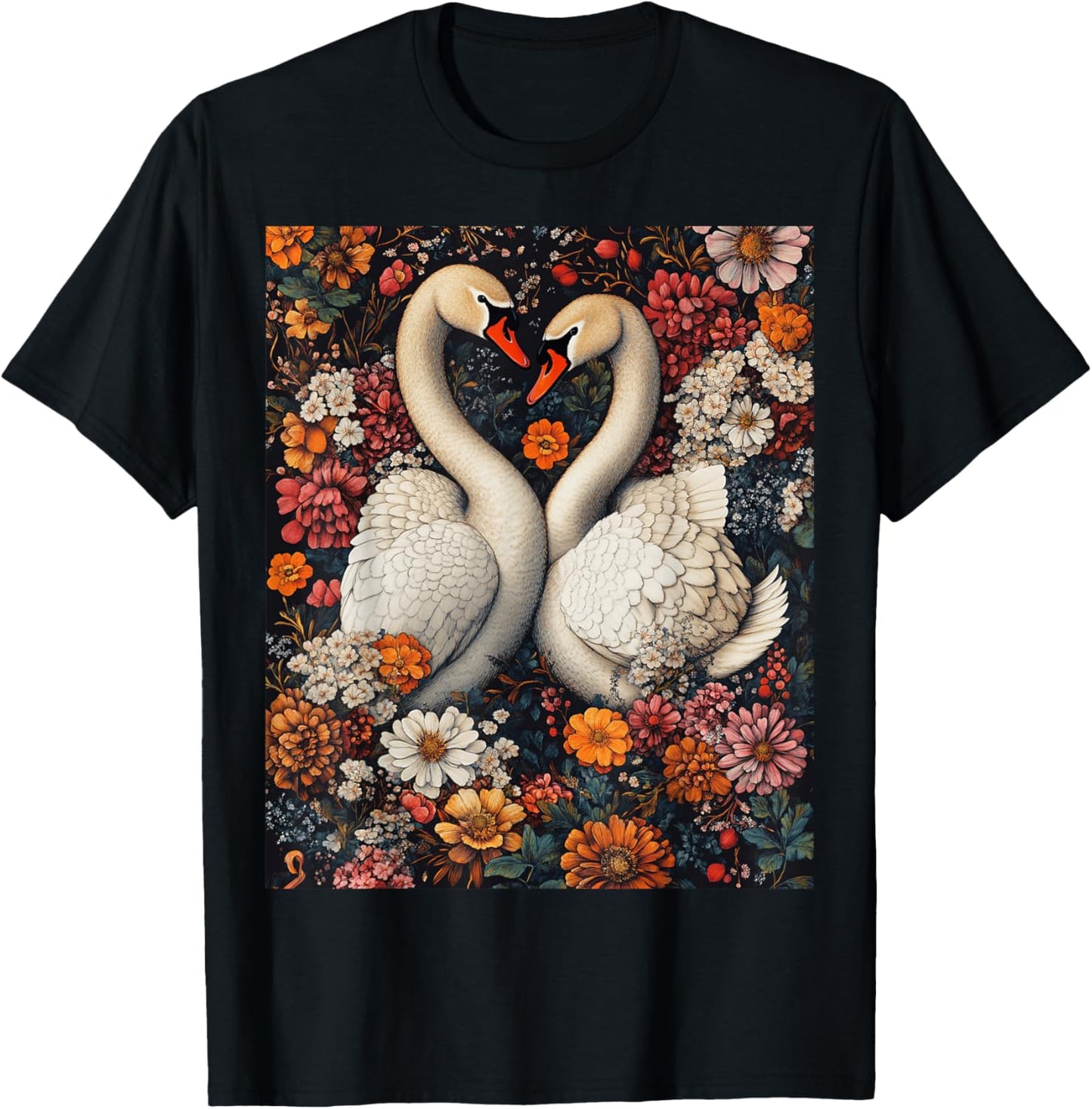 Romantic Swan Heart Nature Art T-Shirt - T-Shirt | Black