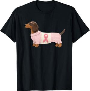 Dachshund Pink Ribbon Breast Cancer Awareness Support T-Shirt - T-Shirt | Black